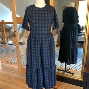 Spring/Summer Dress Blue Midi with Raglan Sleeves and Crew Neck